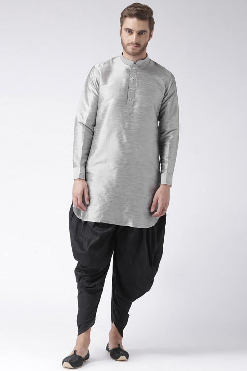 Plain Dupion Silk Silver Men Dhoti Kurta 