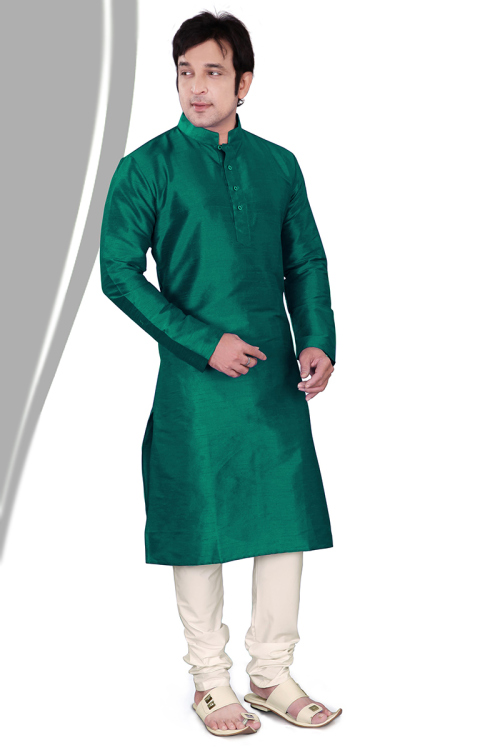 Plain Dupion Silk Teal Green Straight Cut Men's Kurta Churidar