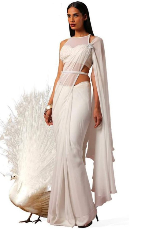 Plain Georgette Fancy White Saree