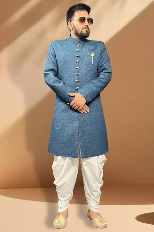 Plain Jacquard Sea Blue Side Slit Men's Sherwani 