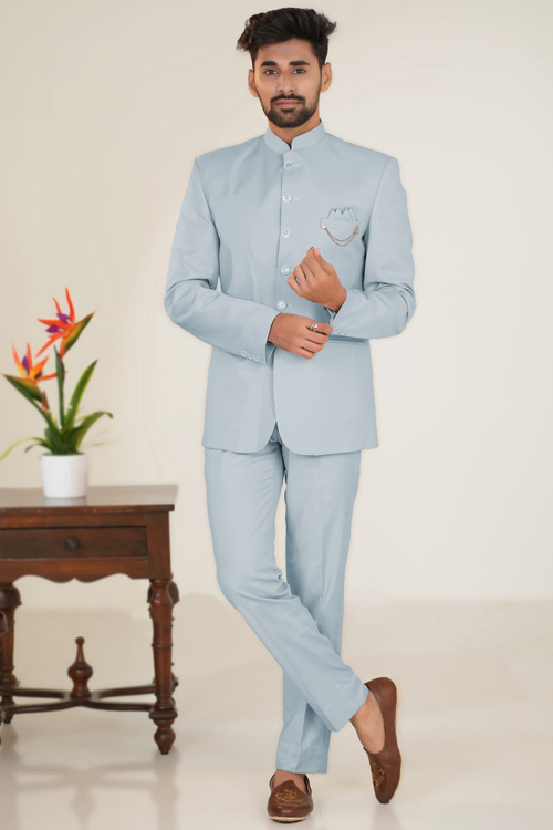Plain Light Blue Silk Jodhpuri Style Men's Coat Pant
