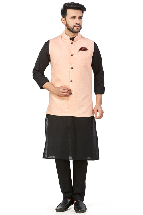 Plain Linen Black Men Kurta Pajama With Peach Wasitcoat