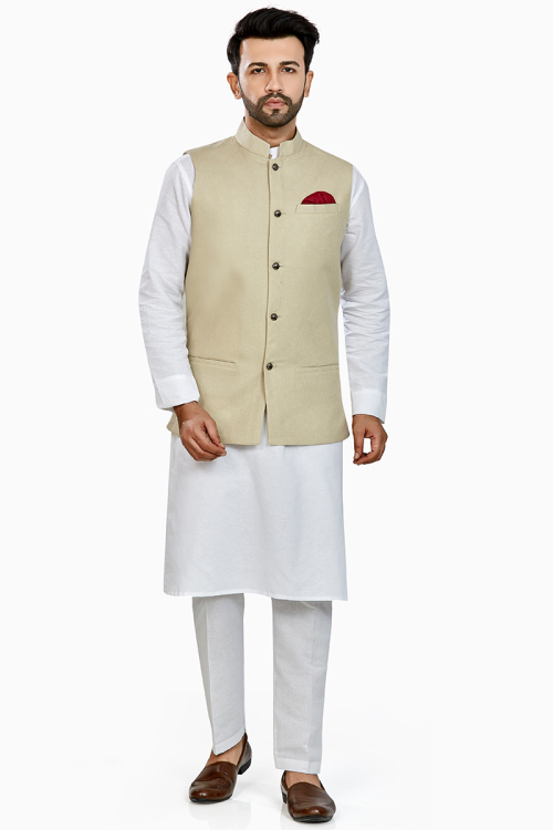 Plain Linen White Men Kurta Pajama With Beige Waistcoat