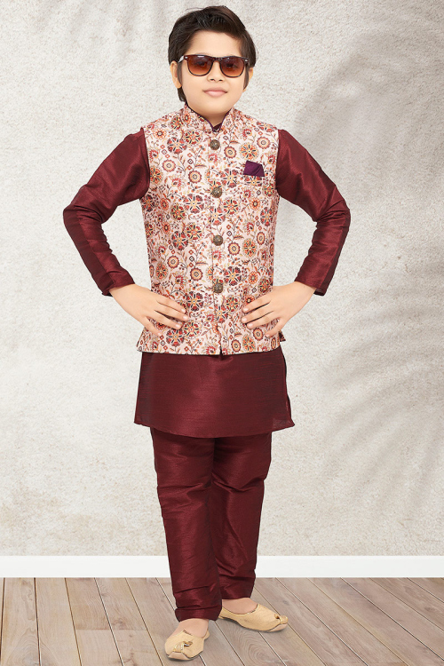 Plain Maroon Dupion Silk Jacket Style Boy's Kurta Pajama 