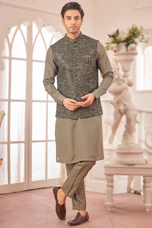 Plain Men's Silk Kurta Pajama With Grey Beige Embroidered Jacket