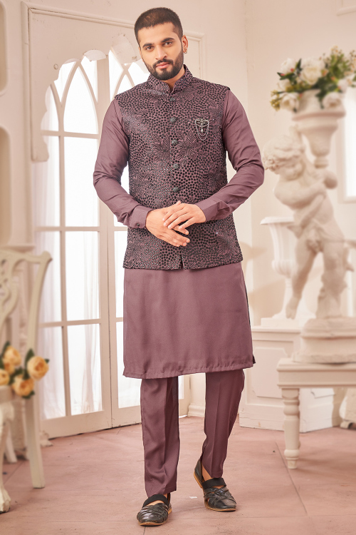 Plain Men's Silk Kurta Pajama With Mauve Taupe Embroidered Jacket