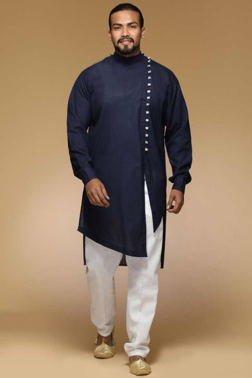 Plain Navy Blue Cotton Kurta Pajama Set for Eid