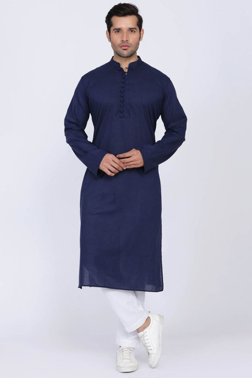 Plain Navy Blue Cotton Men's Kurta Pajama Casual Wear