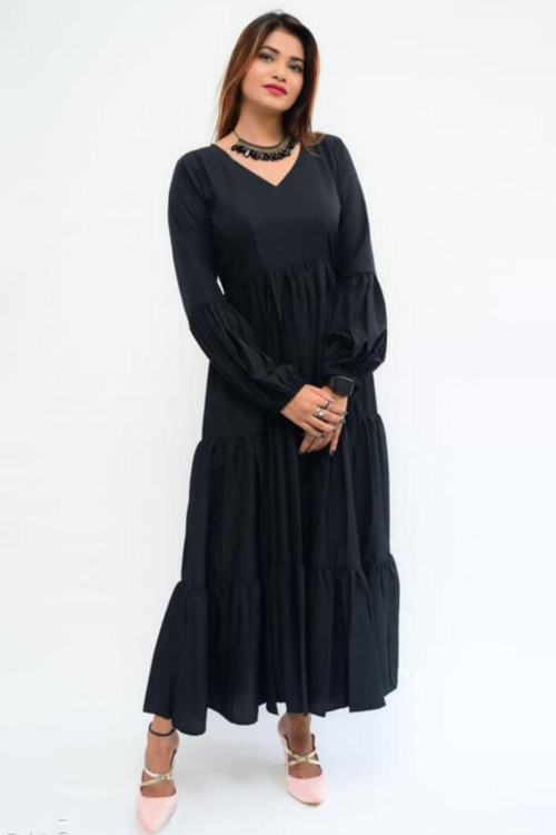 Plain Navy Blue Silk Ready Made Ankle Length Casual Wear Gown