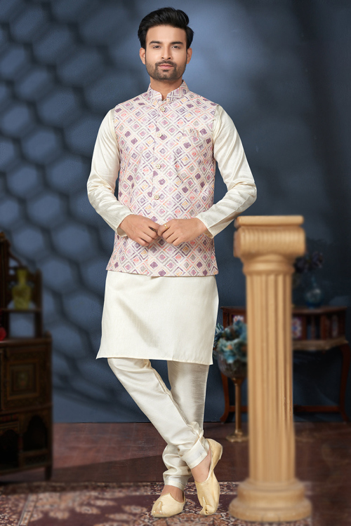 Plain Ivory Silk Jacket Style Men's Kurta Churidar