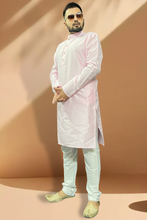 Plain Pale Pink Dupion Silk Straight Cut Men's Kurta Churidar