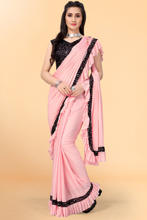 Plain Party Wear Lycra Light Pink Saree