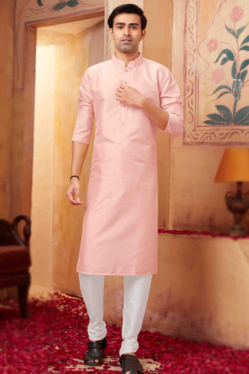 Plain Pastel Pink Poly Silk Men Kurta With Churidar