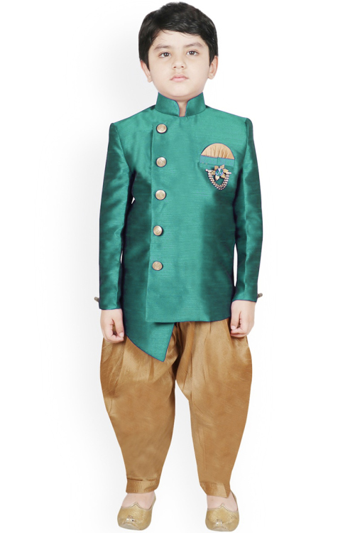 Plain Peacock Green Dupion Silk Kid's Sherwani With Salwar