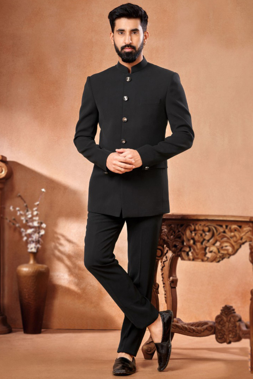 Plain Rayon Men's Jodhpuri Style Black Coat Pant