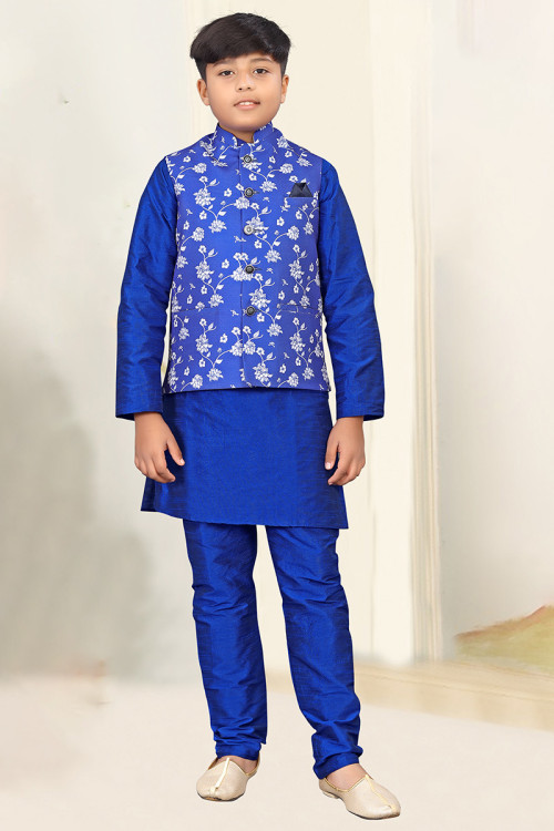 Plain Royal Blue Dupion Silk Jacket Style Boy's Kurta Pajama 