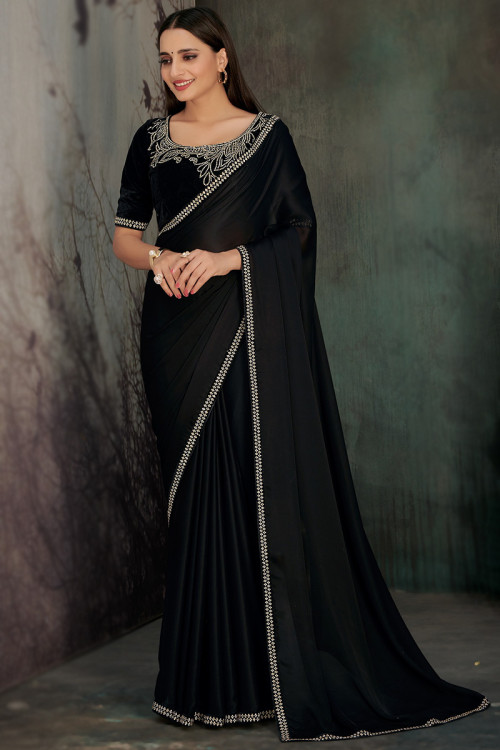 Embellished Border Satin Saree in Black : SEW13567