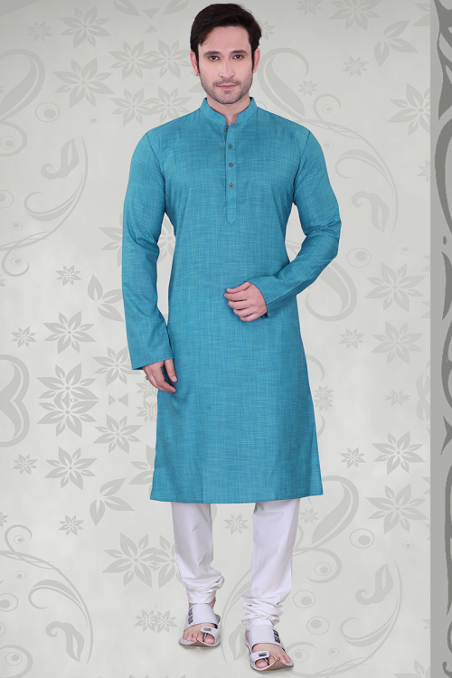 Plain Sea Blue Poly Cotton Straight Cut Men's Kurta Churidar