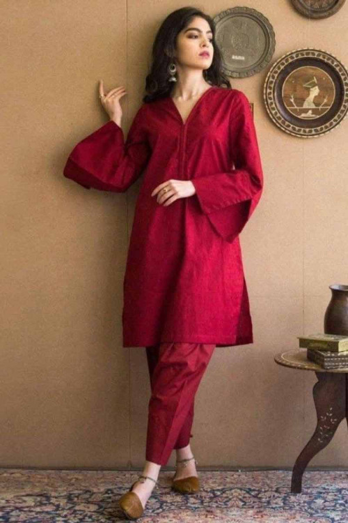 Plain Silk Cherry Red Party Wear Trouser Suit