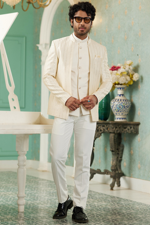 Plain Silk Cream Jacket Style Men's Coat Pant