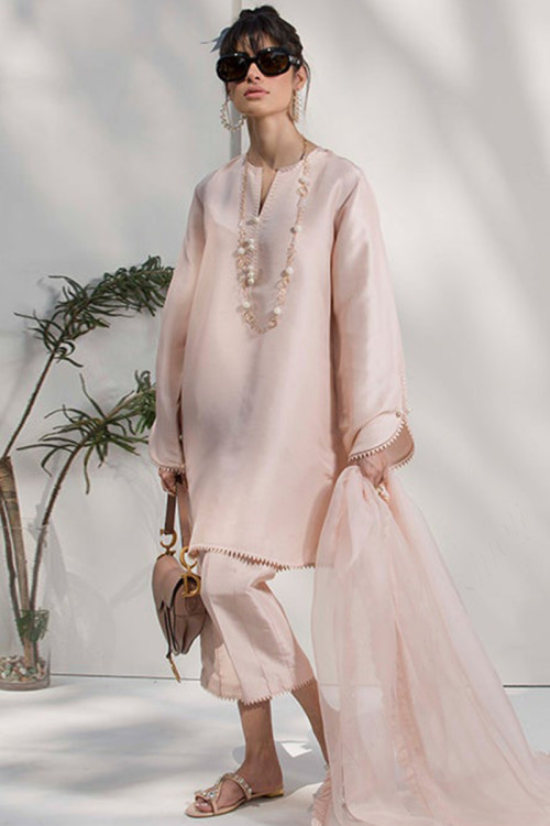 Plain Silk Creamy Pink Trouser Suit for Eid