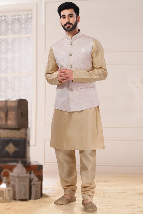 Traditional Men Kurta Pajama in Silk Dark Beige for Sangeet