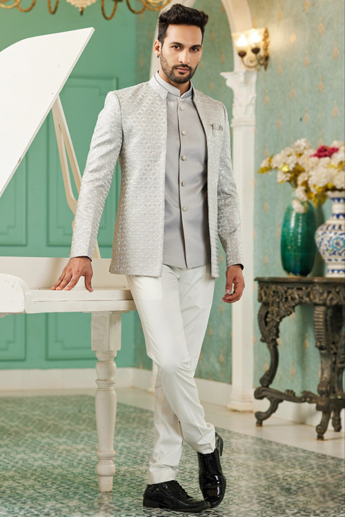 Plain Silk Light Grey Jacket Style Men's Sherwani 
