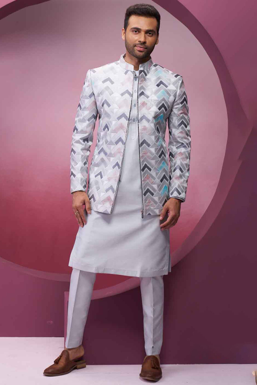 Plain Silk Light Mauve Men's Jacket Style Kurta Pajama