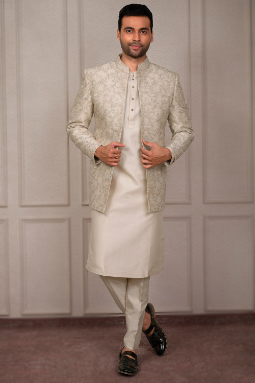 Plain Silk Oat Beige Men's Jacket Style Kurta Pajama