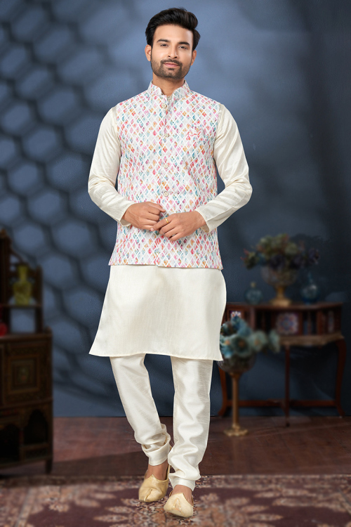 Plain Silk Off White Jacket Style Men's Kurta Churidar
