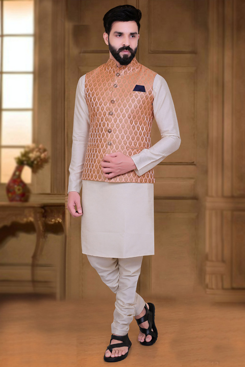 Traditional Men Kurta Pajama in Silk Off White for Sangeet