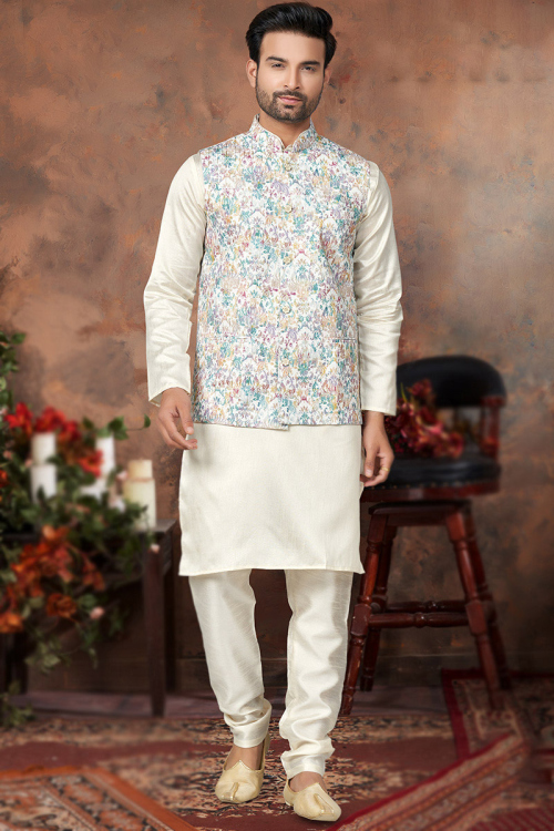 Plain Silk Off White Men's Waistcoat Kurta With Churidar