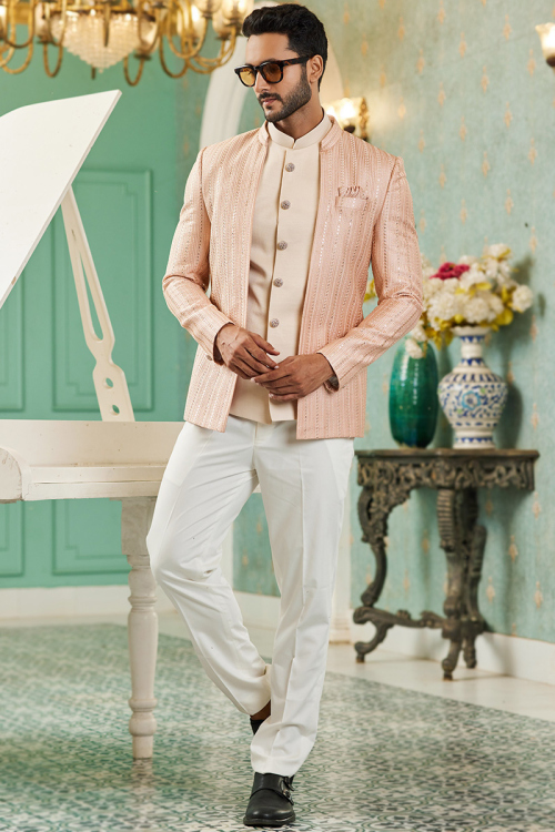 Plain Silk Peach Jacket Style Men's Coat Pant