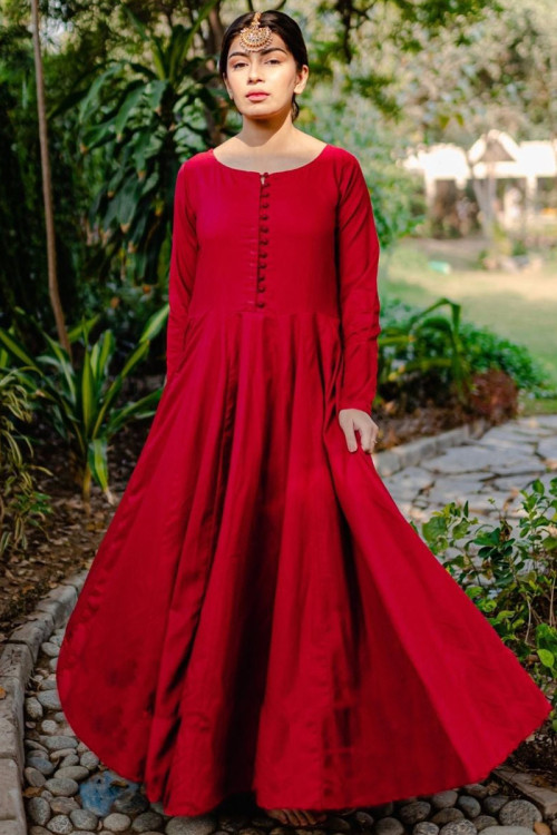 Plain Silk Red Floor Length Eid Anarkali Suit