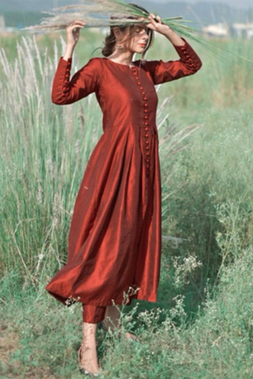 Plain Silk Rust Orange Anarkali Suit for EId