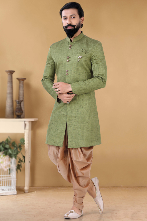 Plain Silk Sage Green Men's Sherwani With Dhoti