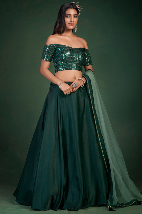 Plain Taffeta Silk Bottle Green Lehenga