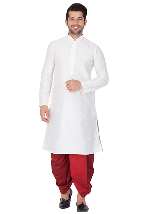 Plain White Bangalori Silk Men Kurta Dhoti
