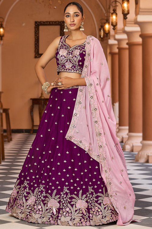 Plum Purple Art Silk A Line Embroidered Lehenga 