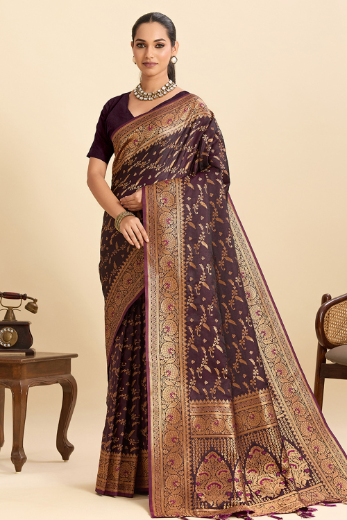Plum Purple Art Silk Broad Border Saree With Weaved Work For Festival
