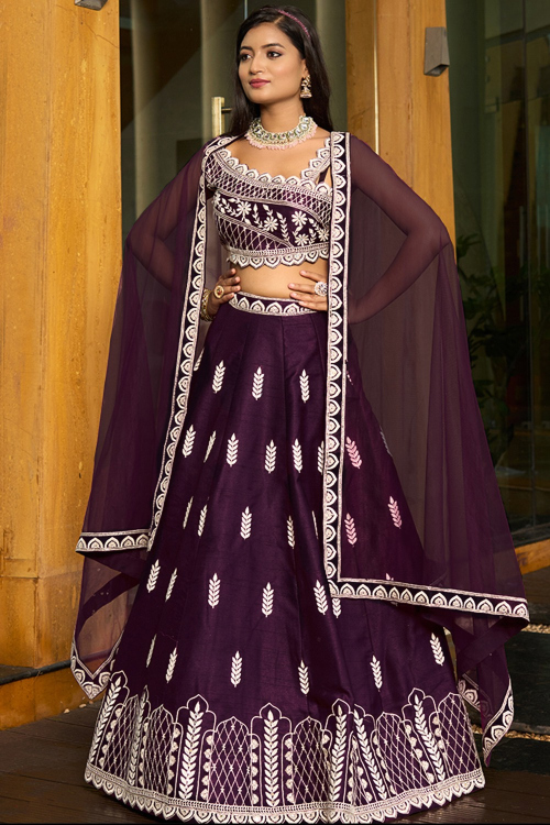 Dark Plum Purple Art Silk Embroidered A Line Lehenga 