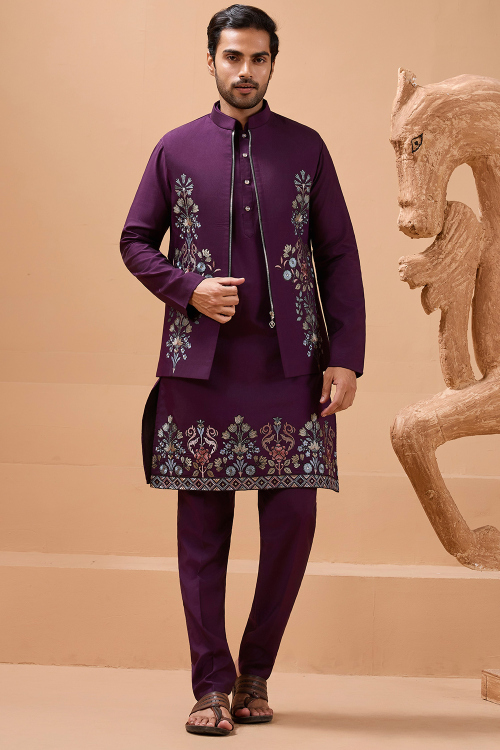 Plum Purple Art Silk Embroidered Men's Kurta Pajama 