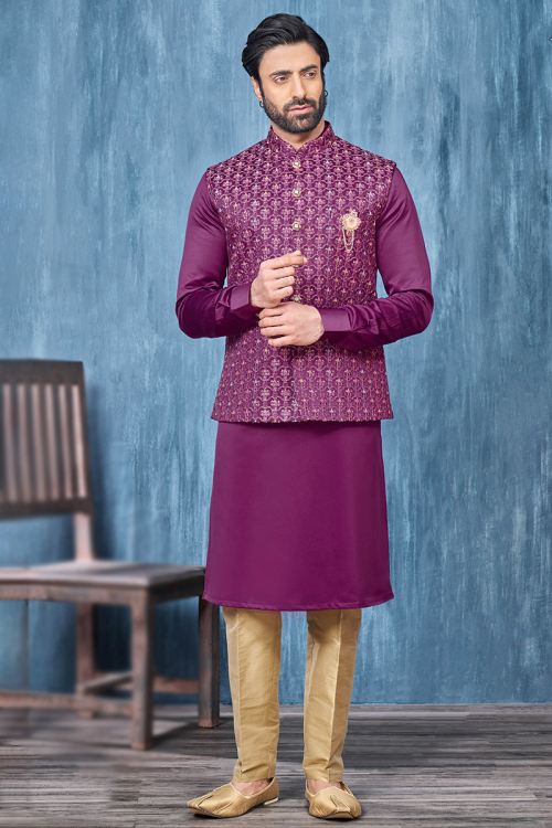 Plum Purple Art Silk Plain Jacket Style Men's Kurta Pajama