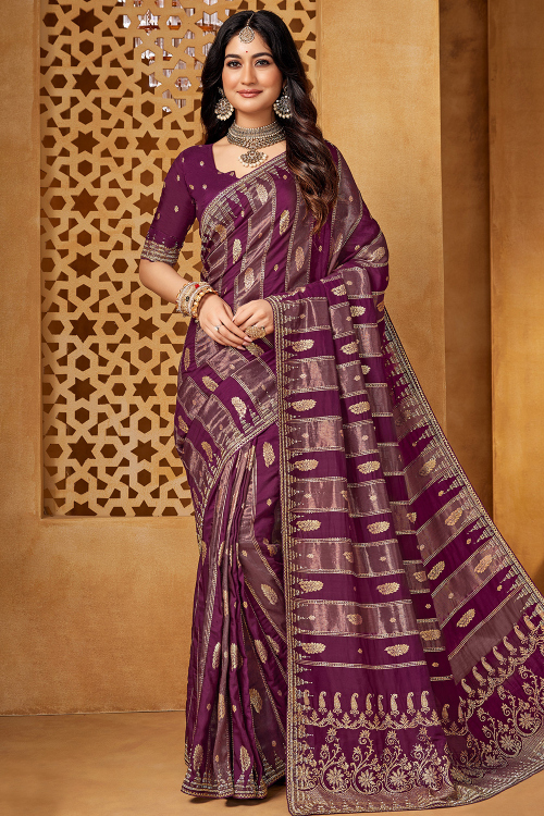Plum Purple Art Silk Saree With Cutdana Work for Wedding