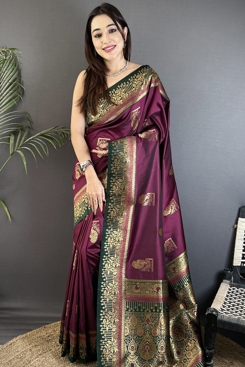 Plum Purple Art Silk Weaved Broad Border Saree For Festival