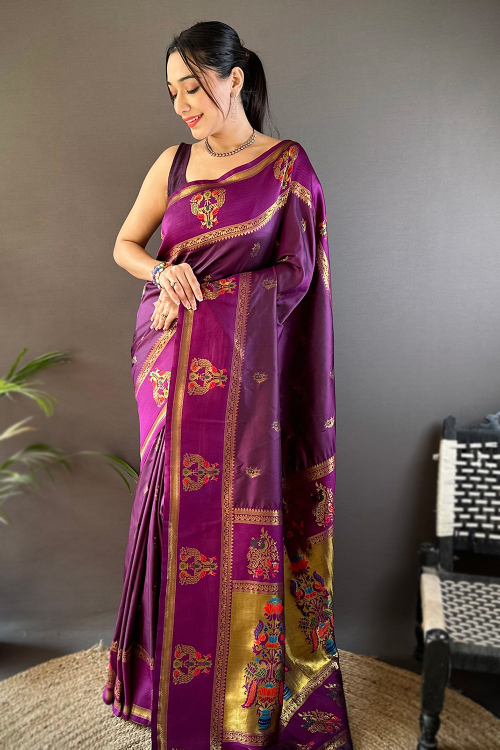 Plum Purple Art Silk Weaved Broad Border Saree 