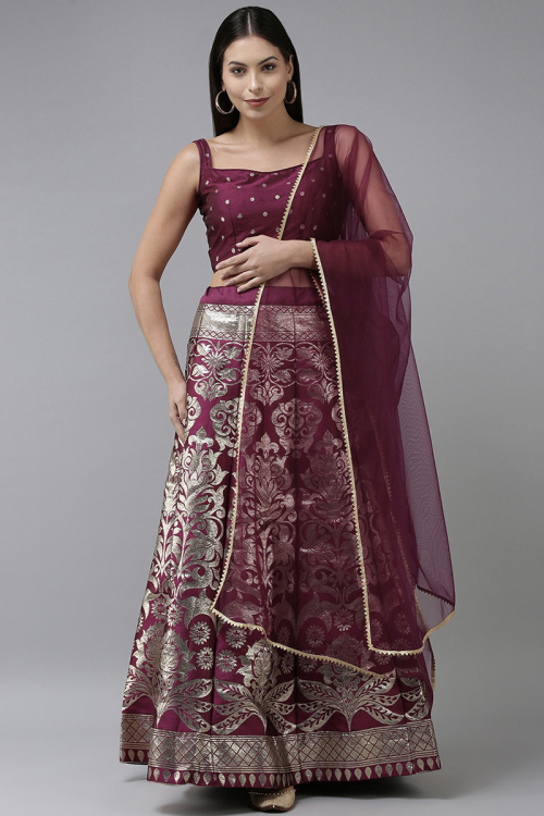 Plum Purple Banarasi Silk Woven Zari Lehenga 