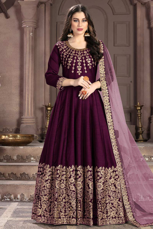 Plum Purple Banglori Silk Wedding Anarkali Suit
