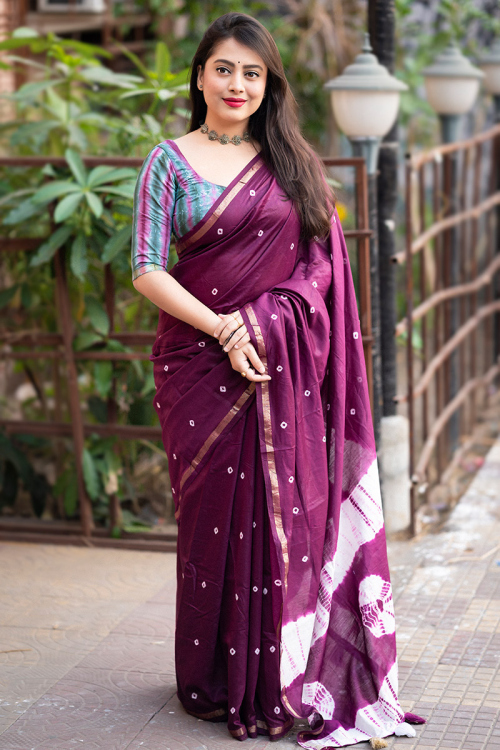 Plum Purple Bnadhej Print Chanderi Cotton Casual Wear Saree 