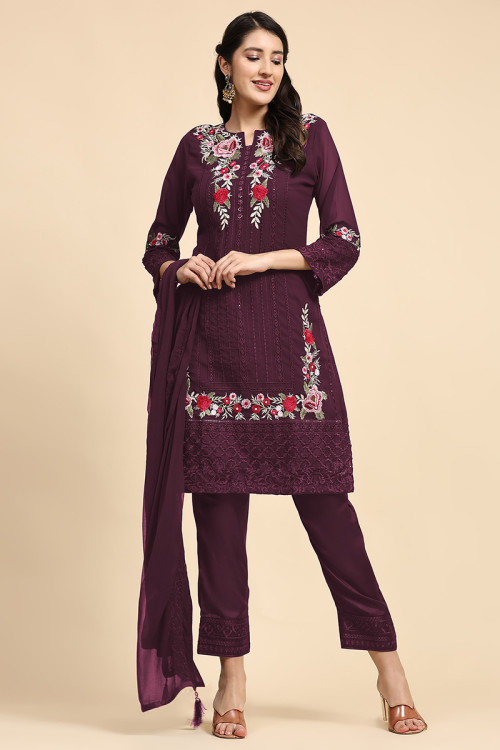 Plum Purple Casual Wear Embroidered Georgette Trouser Suit 